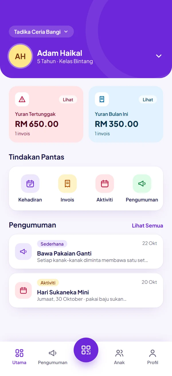 Aplikasi ibu bapa: yuran tertunggak dan pengumuman