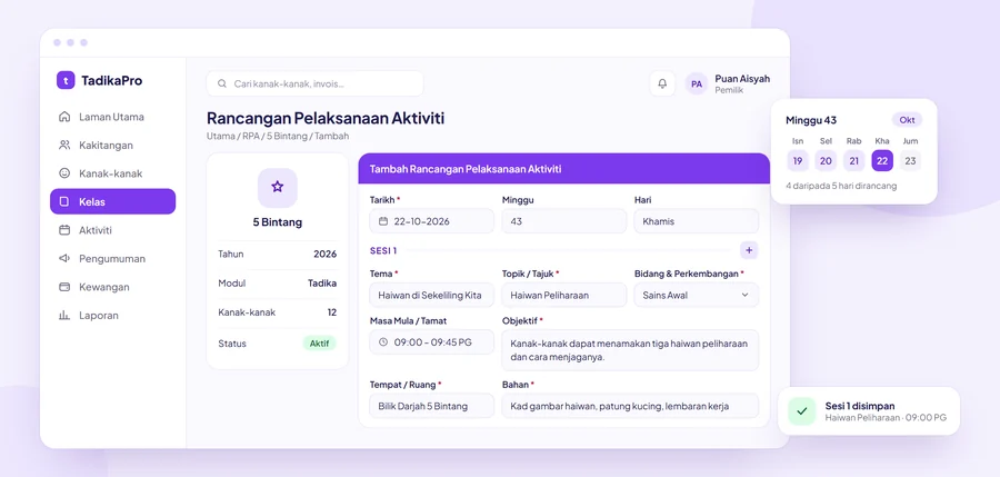 Rancangan pelaksanaan aktiviti TadikaPro: borang rancangan harian